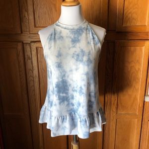 ☀️Anthropologie W5 Blue Halter Tie Dye Sleeveless Peplum Top Blouse Size L